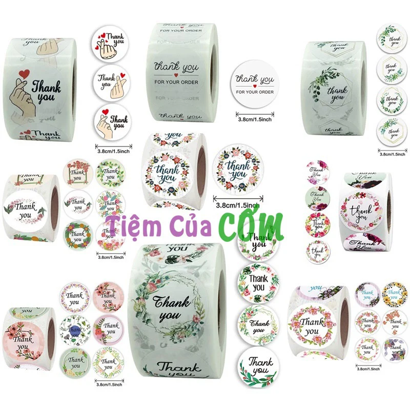 Cuộn 500 Sticker Thank You Nhãn dán cảm ơn 3,8cm