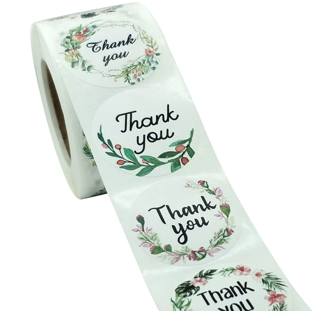 Cuộn 500 Sticker Thank You họa tiết hoa nghệ thuật 2,5cm - 3,8cm