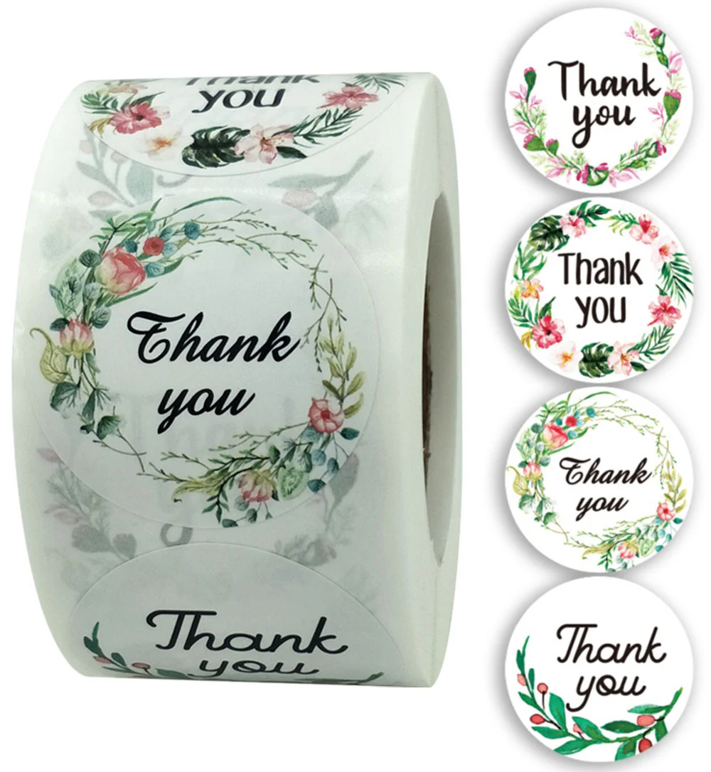 Cuộn 500 Sticker Thank You họa tiết hoa nghệ thuật 2,5cm - 3,8cm