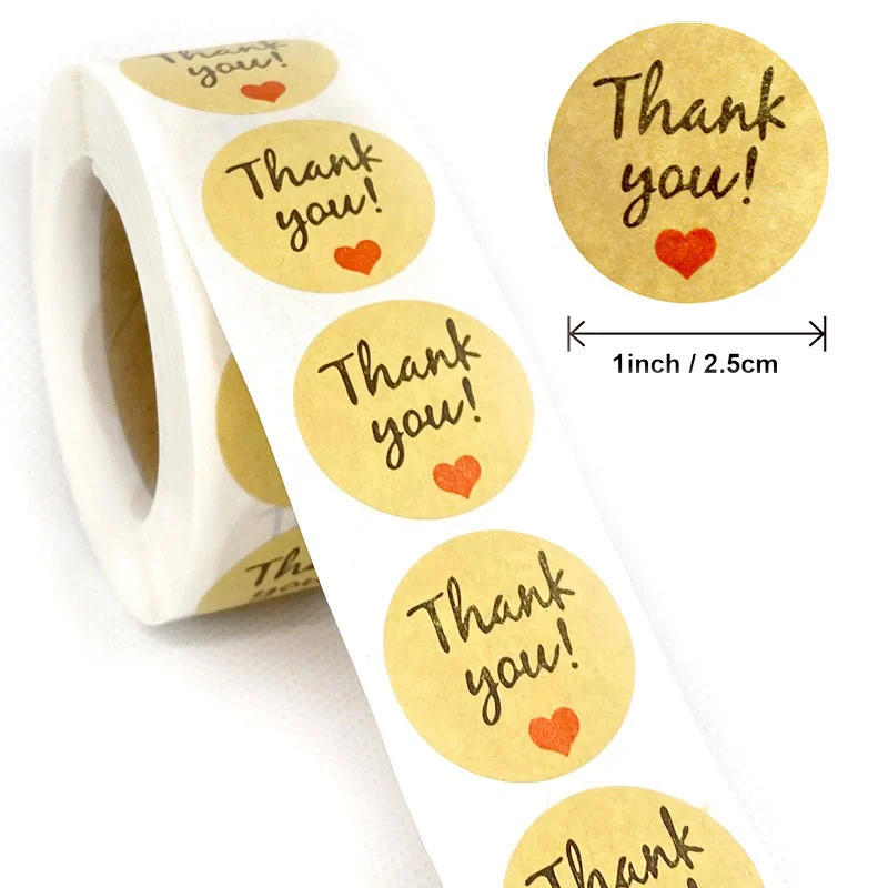 Cuộn 500 Sticker Thank You giấy kraft, Sticker cảm ơn 2,5cm