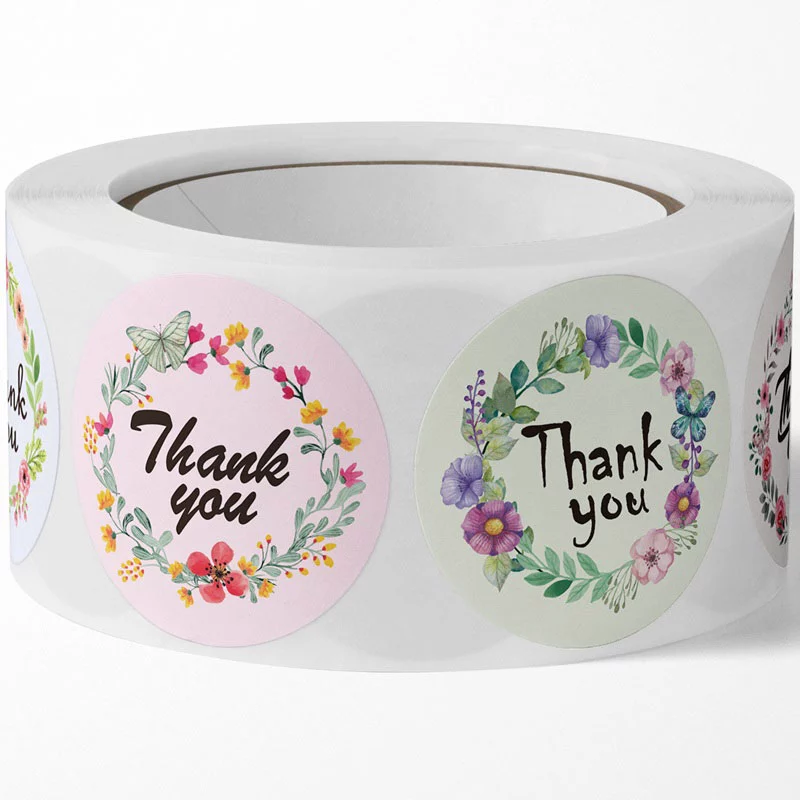 Cuộn 500 Sticker Thank You 8 họa tiết hoa lá 2,5cm