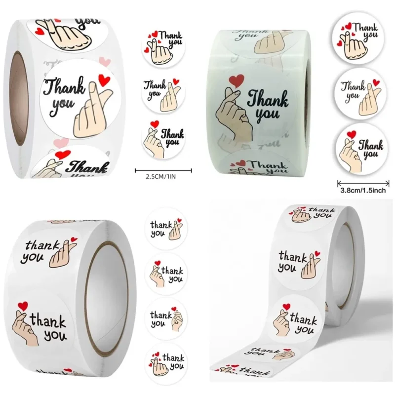 Cuộn 500 Sticker Thank You hình bắn tim 2,5cm và 3,8cm