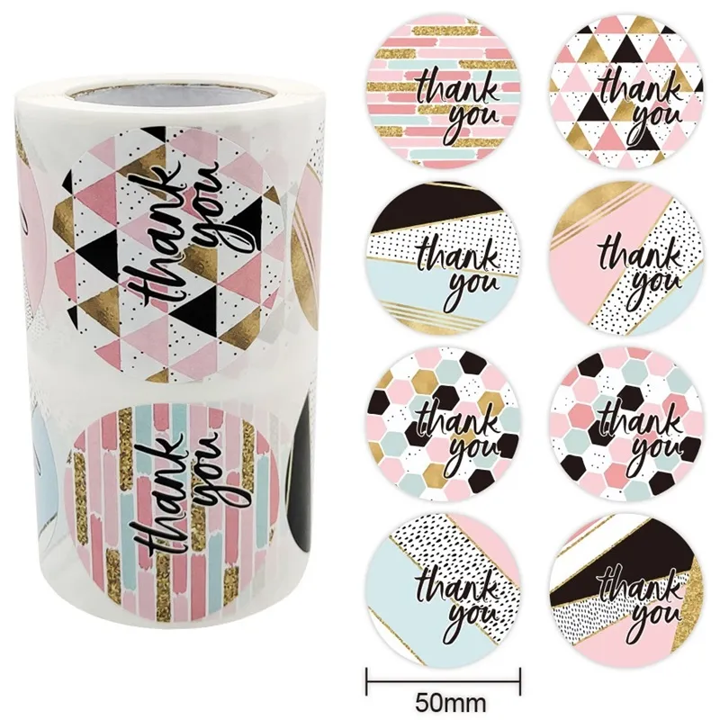 Cuộn 500 Sticker Thank You 8 họa tiết 5cm, Tem Thank You 5cm