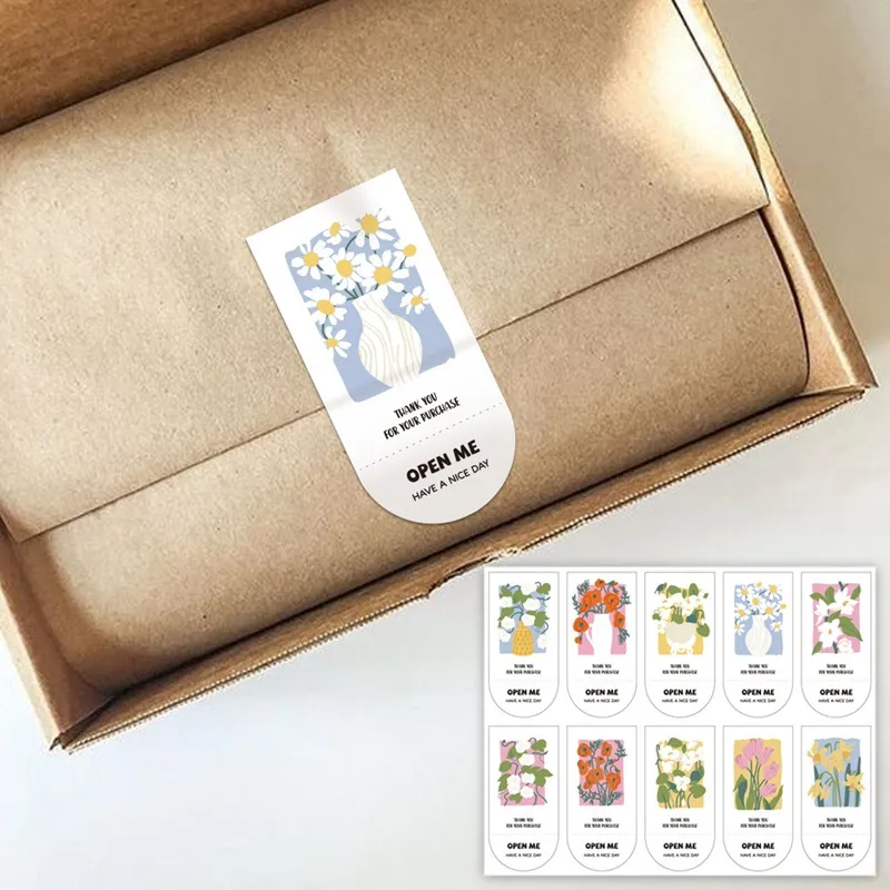 100 Sticker niêm phong hộp hàng 3×6,5cm, tem dán 10 họa tiết hoa