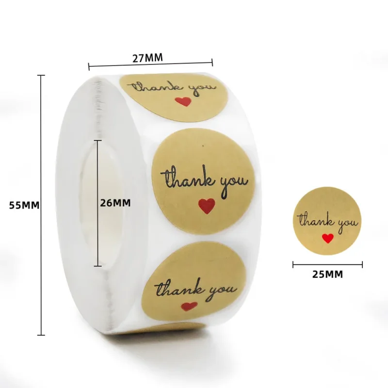 Cuộn 500 Sticker Thank You giấy Kraft 2,5CM, Sticker Thank You giấy xi măng
